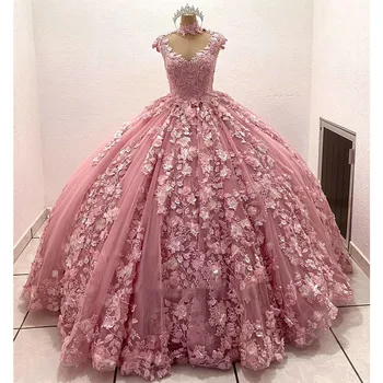 ANGELSBRIDEP cor-de-Rosa Flores em 3D Vestidos de Quinceanera de Luxo Pérolas Beading Apliques de Vestidos De 15 Anos Festa de Aniversário da Princesa
