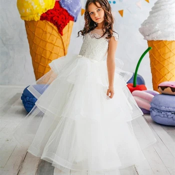 Branca Flor Menina Vestidos Para Casamentos, Festa De Apliques De Tule Lindo Vestido De Baile Para As Crianças Andar De Comprimento Concurso De Vestidos De