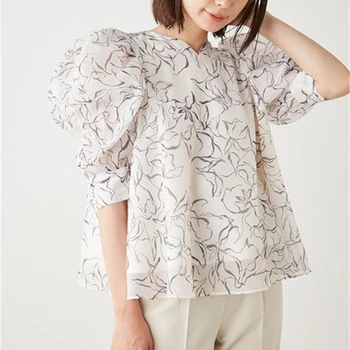 Doce V-pescoço Solto Vintage 2023 Primavera Verão Japonês Curto Puff Manga da Blusa Casual Floral Camisas de Chiffon Mulheres Chiques Blusas