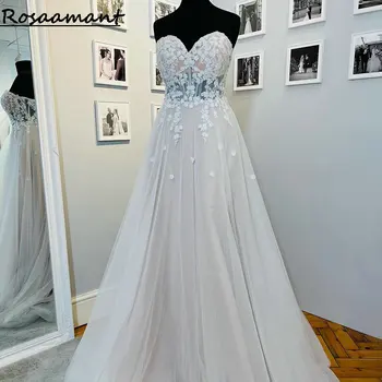 Imagem Real Querida Mangas Ilusão de Cristal Vestidos de Noiva Uma Linha de Flores em 3D Apliques de Rendas Vestidos de Noiva