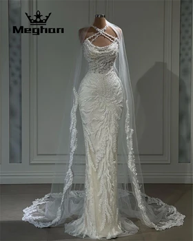 Luxo Branco Halter Vestidos De Noiva Com Cercadura De Pérolas 2023 Vestido De Noiva Sereia Vestido De Noite Com Cabo Robe De Mariee Personalizar