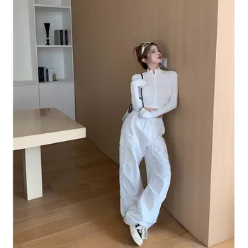 O coreano Solta Sportswear Terno para as Mulheres de Outono Stand Colarinho de Cor Sólida Top de Manga comprida Calças Cargo de Moda de Duas peças de Conjunto