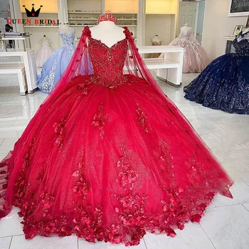 Requintado Vermelho com Decote em V Vestidos de Quinceanera Flores em 3D Bola Vestido Frisado vestido de 15 anos quinceanera princesa Feitos LJ16
