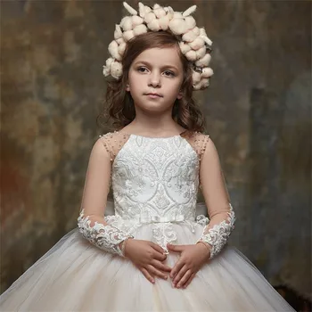 Vestido da Menina de flor Fofo Tule Apliques de Renda Arco Cinto de Casamento Elegante Flor Filho do Primeiro Eucarística Vestido de Festa de Aniversário