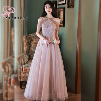 Luxo cor-de-Rosa Vestido de Noite com Beading Borla Apliques de Renda Halter Pescoço para Mulheres Formal, Festa de Formatura 2023