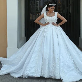 Moda de Espaguete fita para o 3D Apliques de Espumante Vestidos de Casamento Vestido De Mariage sem encosto Estilo árabe Jardim Vestidos de Noiva