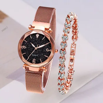 Sdotter 2pcs Mulheres Céu Estrelado Assista Moda em forma de Coração, Pulseira de Ouro Senhoras relógio de Pulso de Luxo Feminino relógio de Diamantes conjunto